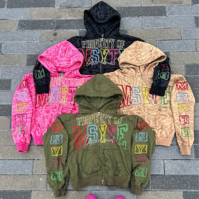 Buy Custom Logo Heavyweight 100% Cotton All Over Print Zipper Hoodies Acid Washed Vintage Distressed Boxy Zip Up Hoodies for Men online manufacture