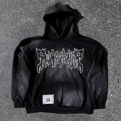 Buy Custom Logo Heavyweight Cotton Hoodies Patchwork Distressed Embroidery Streetwear Oversized Boxy Pullover Hoodie for Men online manufacture