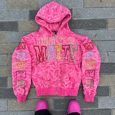 Buy Custom Logo Heavyweight Cotton All Over Print Acid Washed Vintage Distressed Boxy Zip Up Hoodies for Men online manufacture