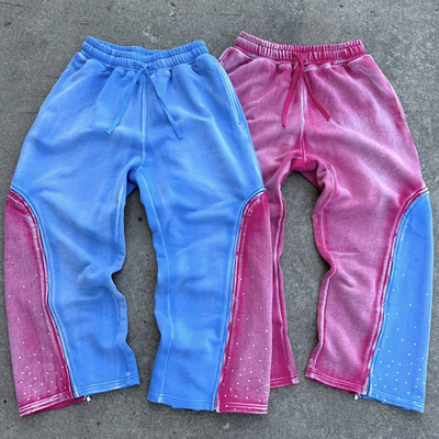 Buy Custom Double Waist Heavyweight Cotton Vintage Acid Wash Sweat Pants Distressed Rhinestone Wide Leg Sweatpants for Men online manufacture