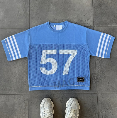 Buy Streetwear Custom T Shirt High Quality Embroidery Short Sleeve Boxy Cropped Cotton Mesh Knitted Jersey T-shirt online manufacture