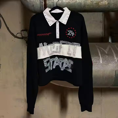 Buy Custom 2025 Streetwear Striped Button up Collar Oversized Rhinestone Dtg Print Long Sleeve Rugby Polo Shirts for Men online manufacture