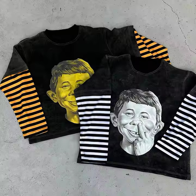 Buy Custom Manufacturer Acid Wash 350gsm Heavyweight Graphic T-shirt Tee Printing Stripe Double Layer Long Sleeve TShirt Men online manufacture