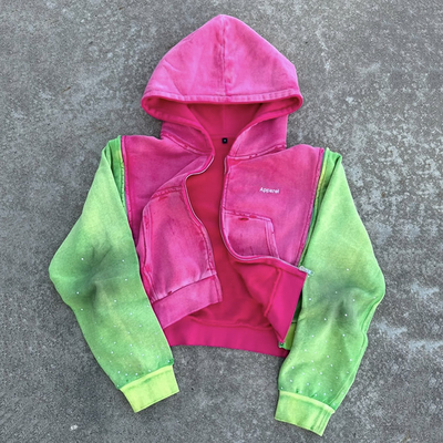 Buy 2025 Custom Streetwear Vintage Acid Wash Faded Distressed Rhinestone Boxy Fit Triple Zipper Cropped Hoodie for Men online manufacture