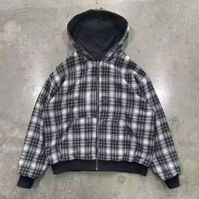 Buy Custom Acid Wash Embroidered Striped Flannel Zip Up Hoodie Jacket Double Layer Reversible Plaid Hoodie in 100% Cotton online manufacture