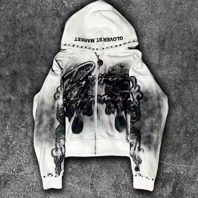 Buy Custom Dirty Washed Zipper Rhinestone Hoodie Men Graphic Printed Logo French Terry Streetwear Vintage Distressed Hoodie online manufacture