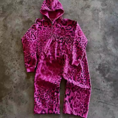 Buy Custom French Terry Tracksuits Leopard Print Zipper Sweatpants and Hoodie Set Baggy Jogger Set Streetwear Men 2 Piece Sets online manufacture