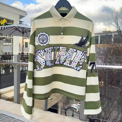 Buy Custom Embroidery Rugby Jersey Polos Color Block Rhinestone Long Sleeve Boxy Fit Cropped Knitted Striped Polo Shirt for Men online manufacture