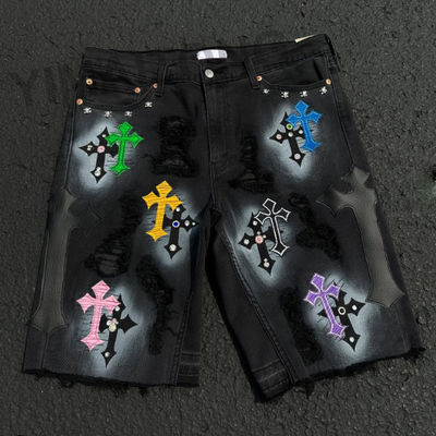 Buy Custom High Quality Jorts Streetwear Rhinestones Short Jeans Distressed Embroidery Patchwork Denim Jorts Shorts for Men online manufacture