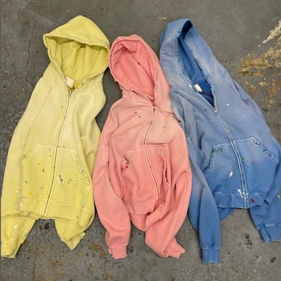 Buy Custom Washed Sun Faded Distressed Mens Cropped Cotton Terry Heavyweight 420 Gsm Zip Up Rivet Studded Rhinestone Hoodie online manufacture