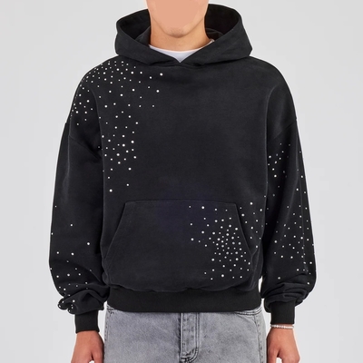 Buy Custom Pullover Hoodie Men Streetwear Embroidery Logo Vintage Acid Wash Oversized Drop Shoulder Rhinestone Hoodie online manufacture