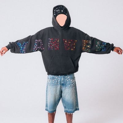 Buy Custom Crystals Heavyweight Vintage Y2K Streetwear Pullover Hoodie 500 Gsm Cotton Terry Men Rhinestone Hoodies online manufacture