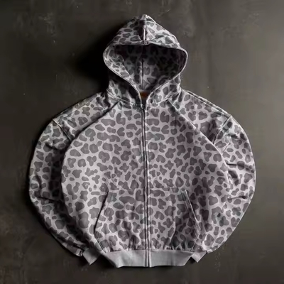 Buy Custom Design Zipper Plus Size Boxy Cropped Leopard Print Zip up Vintage Cotton Terry Acid Wash Streetwear Hoodies for Men online manufacture