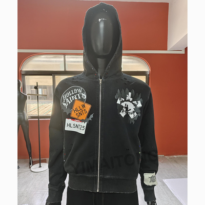 Buy Custom Embroidery Patchwork Zipper Hoodies Heavyweight Cotton Streetwear Vintage Acid Wash Zip Up Hoodie Men online manufacture