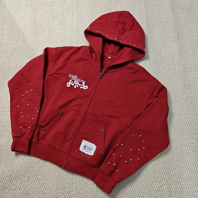 Buy Custom Washed Red Hoodie Distressed Embroidery Cotton French Terry Gemstone Pearls Oversized Boxy Zip Up Hoodies for Men online manufacture