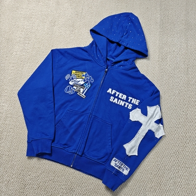 Buy Custom Streetwear Men Heavyweight 420 gsm Distressed Embroidery Cotton French Terry Rhinestone Hood Zip Up Hoodie online manufacture