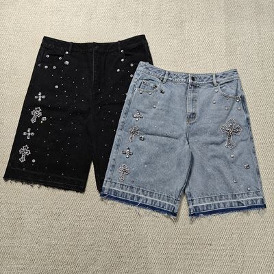 Buy Clothing Manufacturers Custom Streetwear Rhinestone Vintage Black Jeans Shorts Rhinestone Denim Shorts Jorts for Men online manufacture