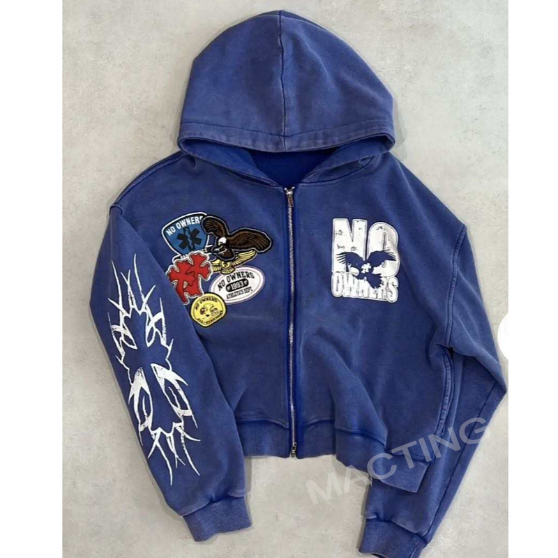 French Terry Acid Wash Zip Through Hoodie Crop Top Hoodie