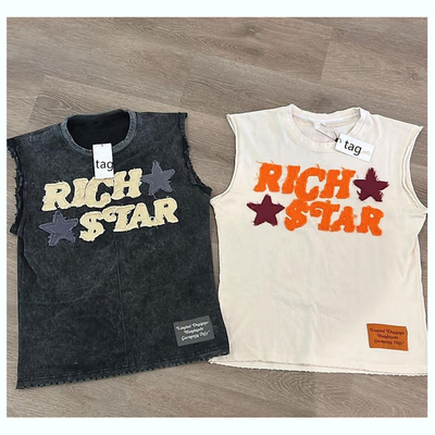 Men's Hip Hop 100% Cotton Acid Washed Sleeveless Tank Top with Custom Logo Embroidery