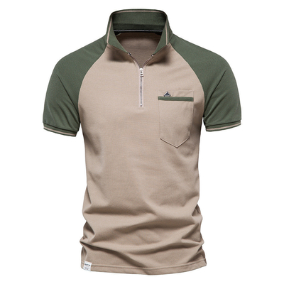Spring Summer Men's Custom Polo Shirt with Two-Color Splicing and Zipper Front Design