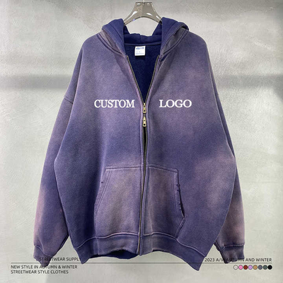 Vintage Acid Wash Sun Faded Distressed Zip Up Blank Hoodie for Custom Logo Streetwear