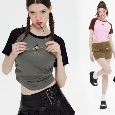 Customized American Retro Street Stitching Contrast Color Y2K T-Shirt Summer for Women