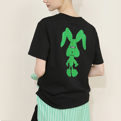 Women's Sustainable Black Rabbit Graphic Print Cotton Drop Shoulder Round Neck T-shirts