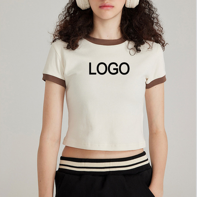 Embroidery Decoration Women's Y2k Vintage Young Fashion Contrast Ringer Crop T shirt