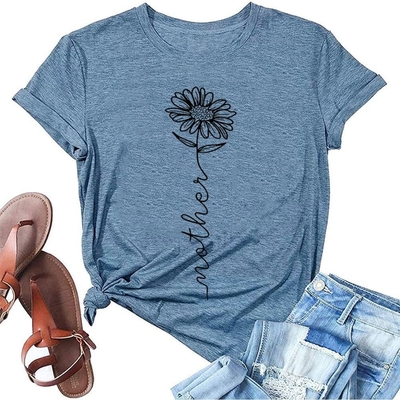Heat-transfer Printing T Shirts for Women Summer Mothers Mama Sunflower Flower Casual