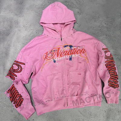 Custom Rhinestone Studded 100% Cotton 500 Gsm Heavyweight Zip Up Vintage Cropped Distressed Acid Wash Hoodie