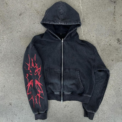 Custom Logo Screen Print Distressred No Drawstring Double Zip Up Acid Wash Heavy Weight Boxy Cropped Hoodie Men