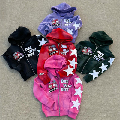 Acid Wash French Terry Hoodie Custom Streetwear Boxy Cropped Distressed Vintage Embroidery Patch Zip Up Hoodie