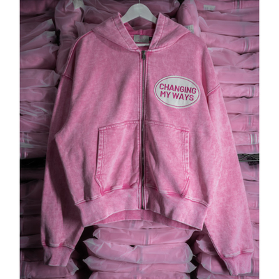 Custom Pink Snow Washed Ditressed Embroidery Patch Heavyweight Boxy Fit Drop Shoulder 100% Cotton Cropped Zip Up Hoodie