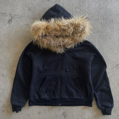 Custom Winter French Terry Hoodie With Fur Hood Vintage Organic Cotton Men's Zip Up Faux Fur Hoodie