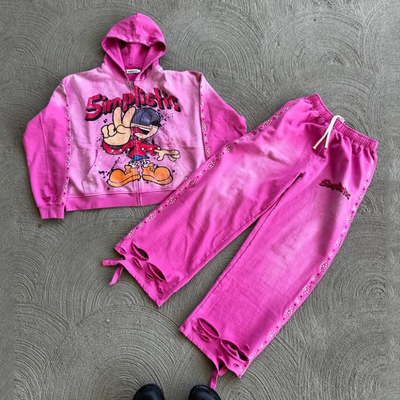 Streetwear Rhinestone Zip Up Hoodie Sweat Pants Set Acid Wash Man Tracksuit Sun Faded Men Sweatsuit