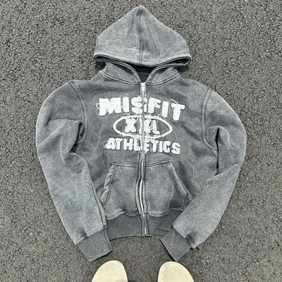 Custom Vintage Stone Washed Applique Patchwork Embroidery Hoodies Heavy Cotton Grey Cropped Zip Up Distressed Hoodie