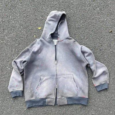 Custom Men Heavyweight Oversize Crop Boxy Zip Up Stone Acid Wash Distressed Hoodie Unisex Sun Faded Zipper Vintage Sweatshirt