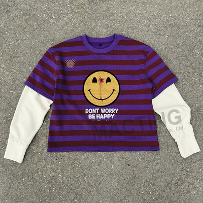 Custom Manufacturer DTG Printing Cotton Knitted Boxy T Shirt Rugby Stripe Double Layer Waffle Long Sleeve T Shirt for Men