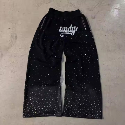 Custom Streetwear Jogger Pants Men Heavyweight Cotton Sweat Pants Rhinestone Baggy Wide Leg Sweatpants