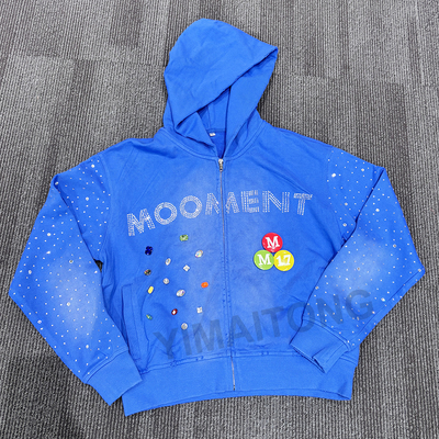 Custom Washed Sun Faded Distressed Mens Cropped Cotton Terry Heavyweight 420 Gsm Zip Up Rivet Studded Rhinestone Hoodie
