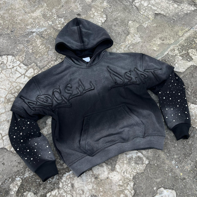 Custom Washed Sun Faded Distressed Mens Cropped Cotton Terry Heavyweight 420 Gsm Zip Up Rivet Studded Rhinestone Hoodie