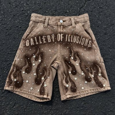 Custom 2025 Summer Rhinestone Jeans Shorts Streetwear Brown Washed Denim Short Pants Vintage Baggy Jorts