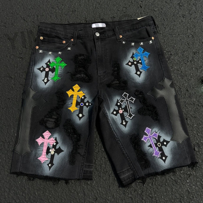 Custom High Quality Jorts Streetwear Rhinestones Short Jeans Distressed Embroidery Patchwork Denim Jorts Shorts for Men