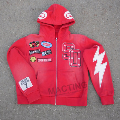 Custom Hoodie Manufacturer Men Streetwear Vintage Acid Wash Distressed Embroidery Applique Patchwork Acid Wash Hoodie