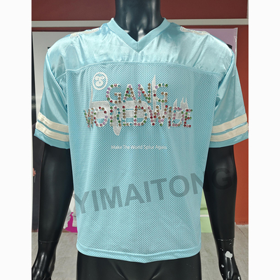 Custom Streetwear Mens Boxy Cropped Rivet Rhinestone Satin Mesh T shirt American Retro Breathable Sports Football Jersey