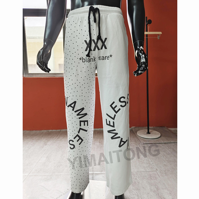 Casual Daily Life Men's Straight Leg Sweatpants in White French Terry with Rhinestone Accents