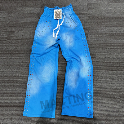 Seasonal Streetwear Heavyweight Jogger Pants in Acid Wash Cotton Terry with Rivet Rhinestone Embellishments and Flat Front