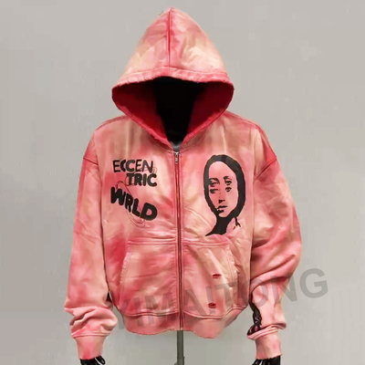 Men's Vintage Acid Wash Sun Faded Distressed Hoodie with Big Hood and Zip Up French Terry Streetwear