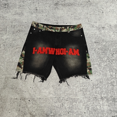 Custom Towel Embroidery Patches Logo Camo Baggy Jorts Streetwear High Quality Raw Hem Vintage Denim Jean Shorts for Men