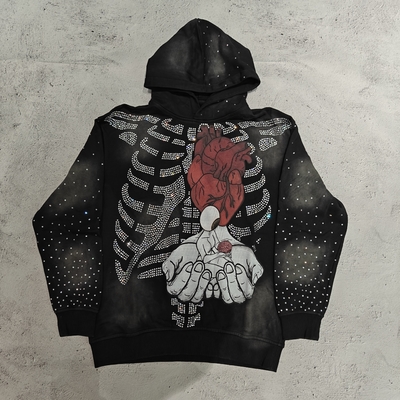 Hoodies Custom High Quality Streetwear Skeleton Skulls Graphic Pullover Vintage Acid Wash Sun Faded Rhinestone Hoodie Men